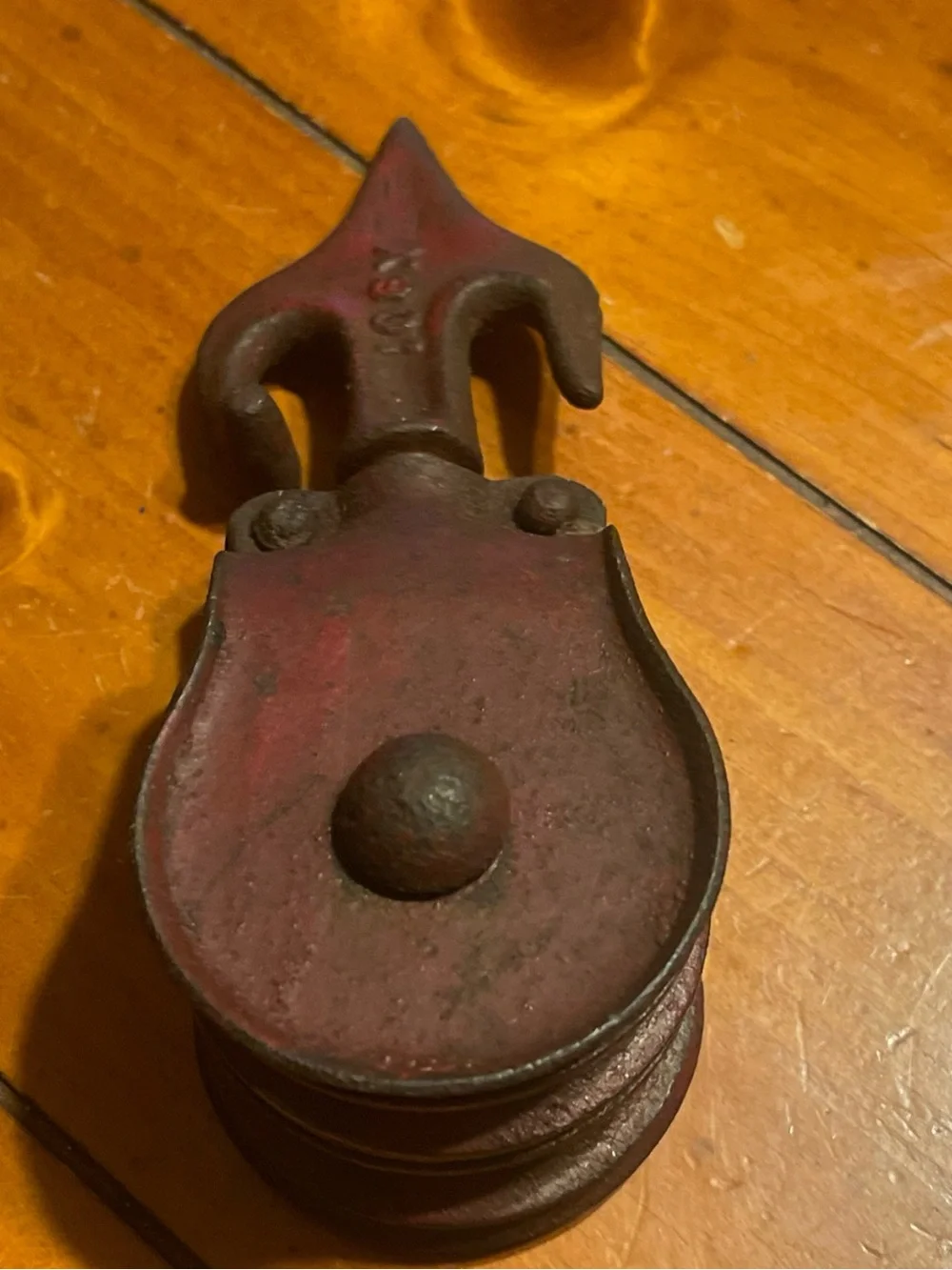 Vintage Red Iron pulley Decor with arrow with tie off Cleat